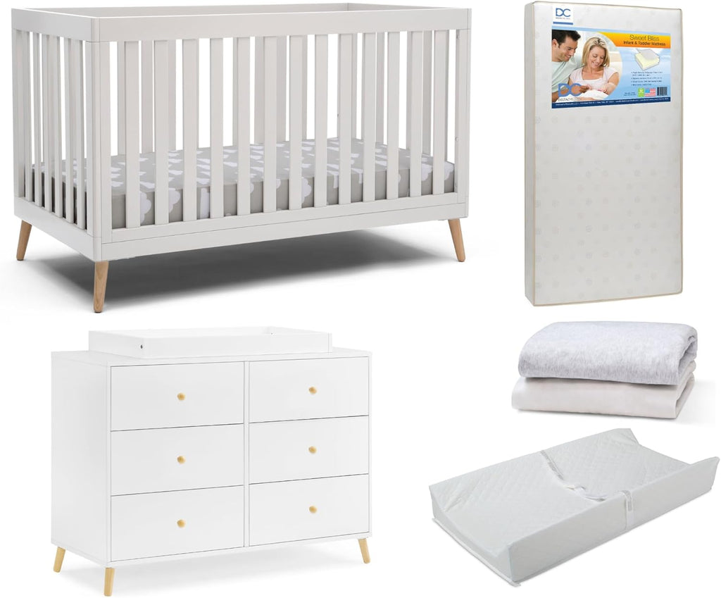 Delta Children Essex Crib 6-Piece Baby Nursery Furniture Set–Includes: Convertible Crib, 6 Drawer Dresser, Changing Top, Crib Mattress, Sheets, & Changing Pad, Bianca White w/Natural