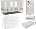 Delta Children Essex Crib 6-Piece Baby Nursery Furniture Set–Includes: Convertible Crib, 6 Drawer Dresser, Changing Top, Crib Mattress, Sheets, & Changing Pad, Bianca White w/Natural