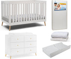 Delta Children Essex Crib 6-Piece Baby Nursery Furniture Set–Includes: Convertible Crib, 6 Drawer Dresser, Changing Top, Crib Mattress, Sheets, & Changing Pad, Bianca White w/Natural