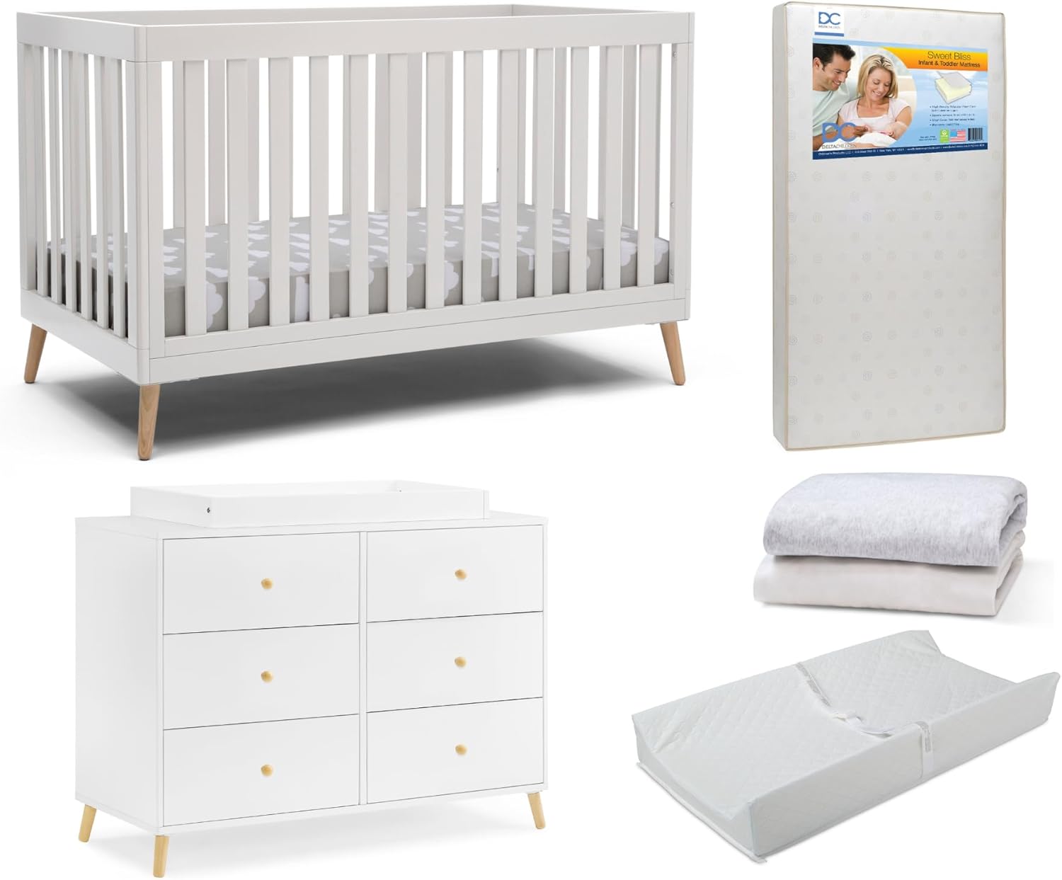 Delta Children Essex Crib 6-Piece Baby Nursery Furniture Set–Includes: Convertible Crib, 6 Drawer Dresser, Changing Top, Crib Mattress, Sheets, & Changing Pad, Bianca White w/Natural