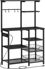 HOOBRO Large Bakers Rack with Power Outlets, 6-Tier Microwave Stand with 4 Hooks, Coffee Bar, Kitchen Shelf with Wire Basket, for Kitchen, Living Room, Office, Black BB64UHB01