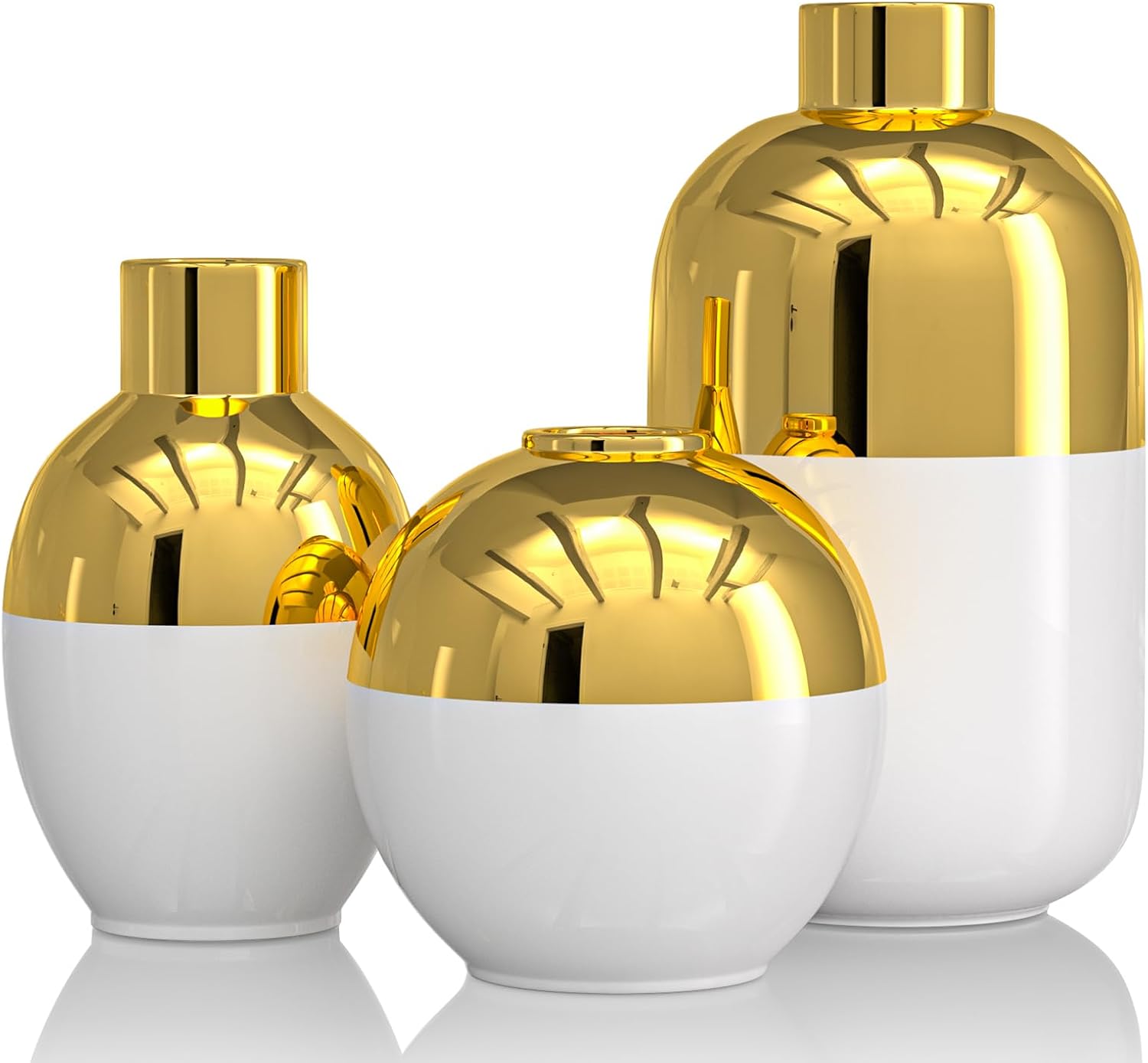 White and Gold Ceramic Flower Vase Set of 3,Glossy Gold Modern Round Decorative Vases for Pampas Grass Home Decor,Bedroom,Office,Living Room,Bookshelf,Wedding,Bathroom Table Centerpiece (White)