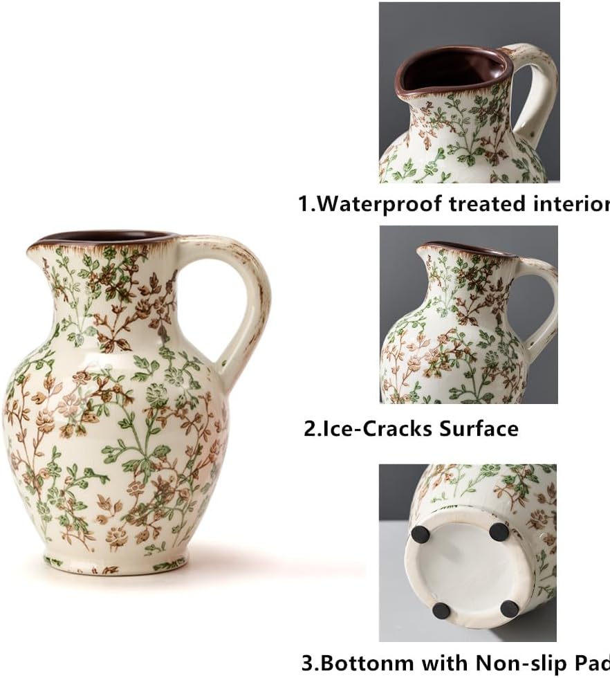 SIDUCAL Ceramic Vase with Handle, Vintage Vase, Chinoiserie Floral Vase for Home Decor, Table, Living Room, Shelf, Christmas Decoration (Green and Beige)