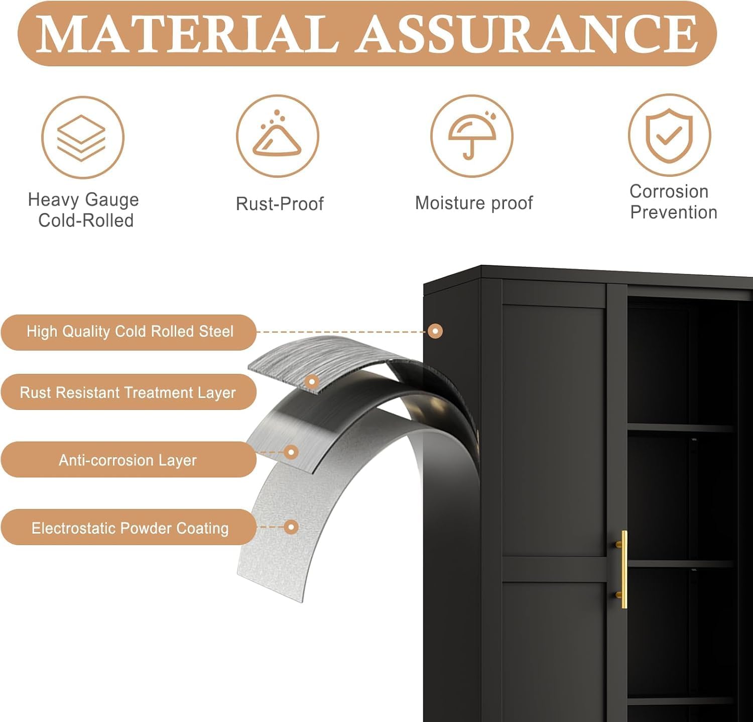51" H Tall Metal Kitchen Pantry Storage Cabinet, Freestanding Storage Cabinets with Magnetic Doors and Adjustable Shelves, Black Metal Pantry Cabinet for Dining Room and Living Room.