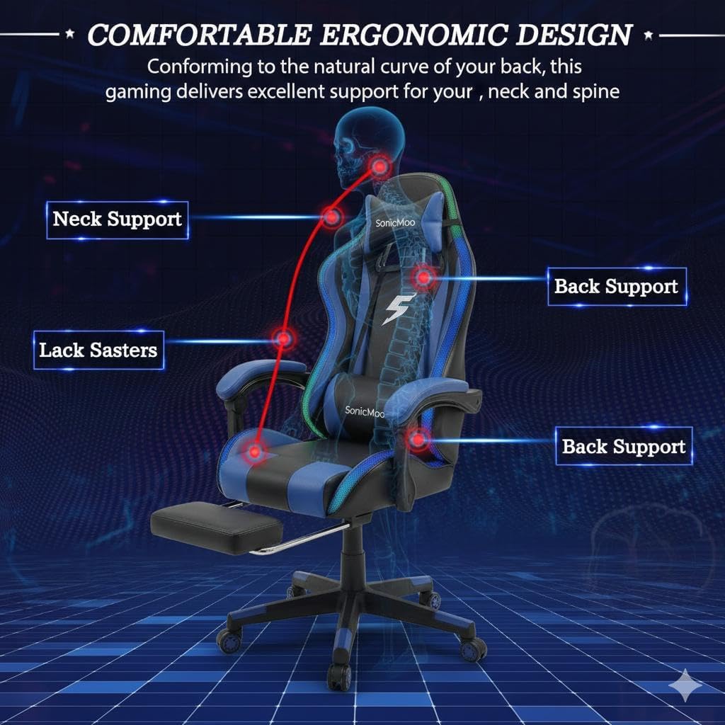 Gaming Chair with RGB LED Lights, Footrest, Lumbar Support & Headrest - High Back Reclining Swivel Computer Chair with Canopy (Blue)