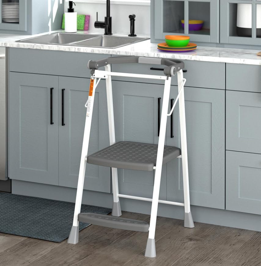COSCO 2-Step Kitchen Stepper™ Folding Step Stool, Safety Kit Series, Ages 4+, Grey