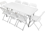 VINGLI 6 FT Plastic Folding Table Set with 8 White Folding Chairs for Picnic, Event, Training, Outdoor Activities, at Home and Commercial Use