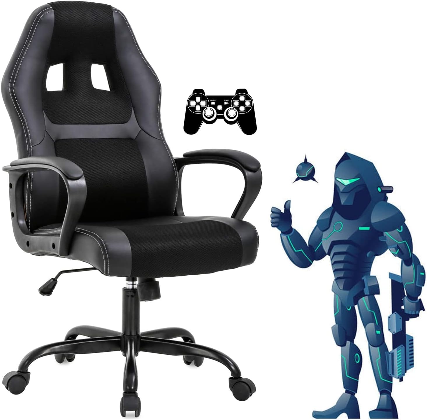Gaming Chair Ergonomic Office PU Leather Video Game Adjustable Computer With Lumbar Support Armrest Rolling Swivel Task Work PC for Adult Teen, Black