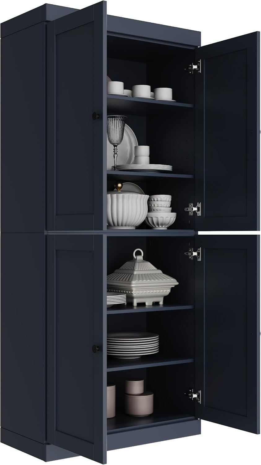 Palace Imports Solid Wood Kitchen Pantry Cabinet - 71.5" Tall x 32" W - Wooden Storage Cabinet w/ 4 Shaker Doors & 4 Adjustable Shelves, Antique Blue, 100% Renewable Eco-Friendly Wood, Made in Brazil