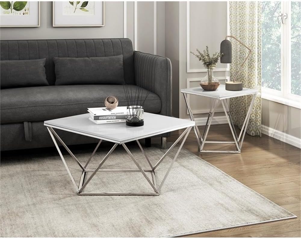 Pemberly Row Contemporary End Table, Stainless Steel Frame, Silver Finish, White Sintered Stone Top, Geometric Design, Modern Small Accent Table for Living Room or Decor Use