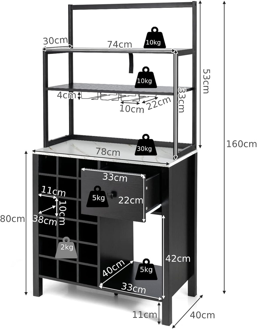 TANGZON Sideboard Wine Cabinet, Kitchen Buffet Cabinet with Glass Holders, 18-Bottle Wine Rack, Drawer, Worktop & Anti-Tipping Device, Home Bar Dining Room Wooden Storage Cupboard (Black)