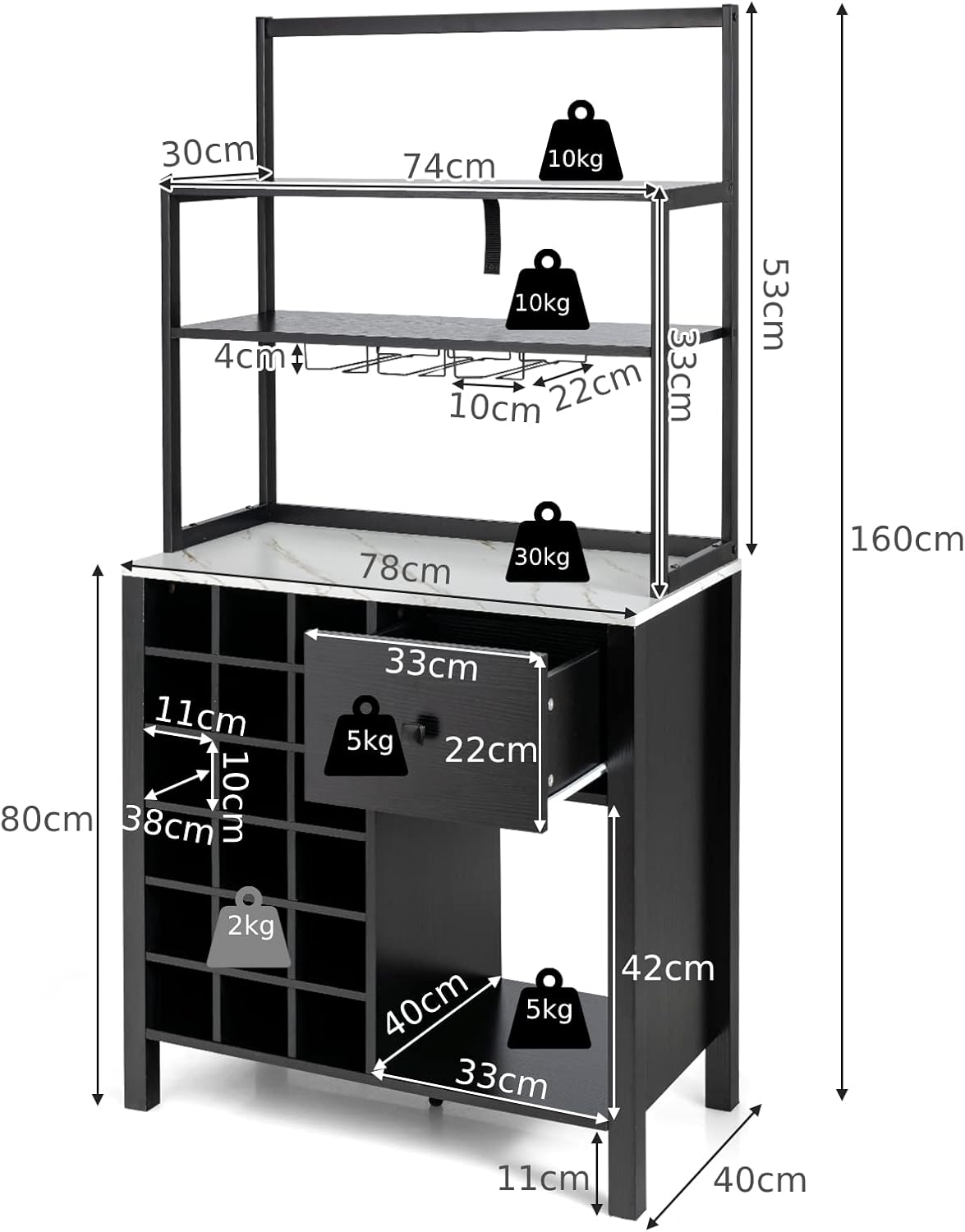 TANGZON Sideboard Wine Cabinet, Kitchen Buffet Cabinet with Glass Holders, 18-Bottle Wine Rack, Drawer, Worktop & Anti-Tipping Device, Home Bar Dining Room Wooden Storage Cupboard (Black)