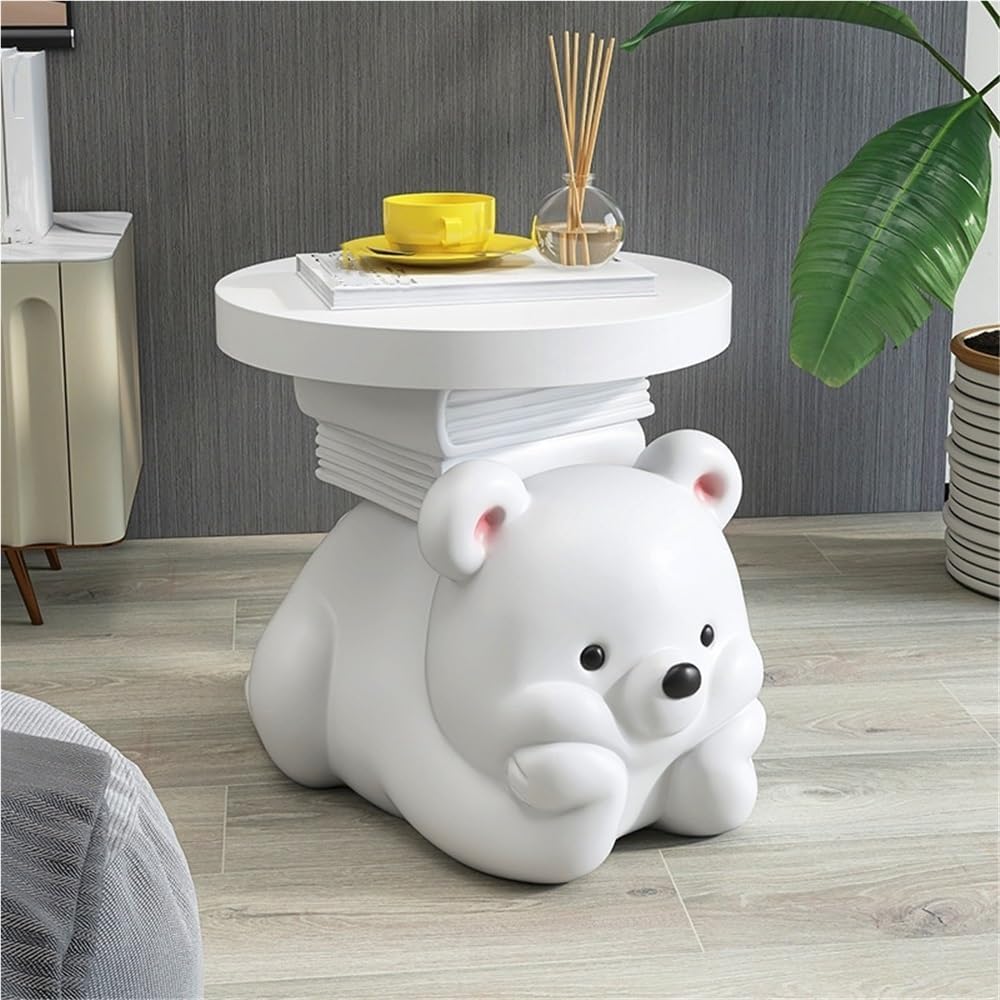 Cute Round Side Table, Colorful Resin Bear Nightstand, Minimalist Coffee Table, Decorative Sofa Table, Modern End Table for Living Room, Bedroom(White)