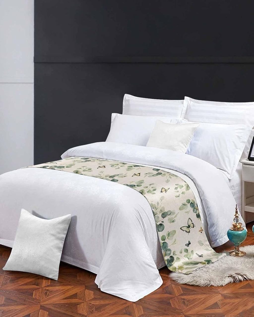Eucalyptus Leaves Bed Runner Scarf Cal King Size, Spring Summer Botanical Sage Green Rustic Luxury Bed Throw Runners & Scarves for Twin Full Queen King Foot of Bed, Hotel Wedding Decoration, 102"x20"