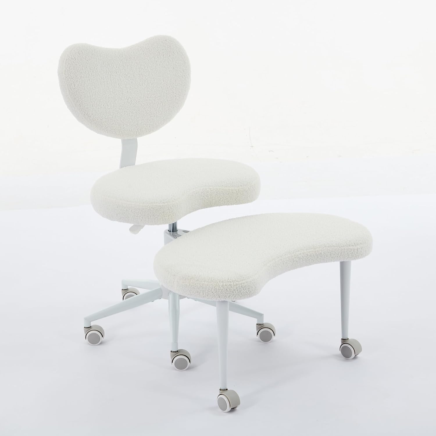 Cross Legged Office Chair with Wheels–360°Swivel Meditation Chair, Adjustable Height Yoga Office Chair for Adults, Ergonomic Kneeling Chair with Back Support for ADHD,Teddy Fabric Ivory