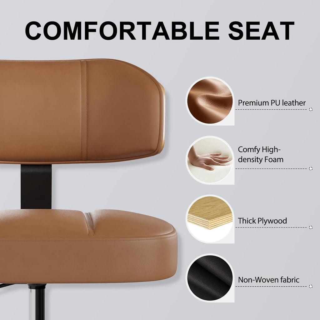 Drafting Chair with Lockable Wheels, Tall Chair Adjustable Stool with Curved Walnut Backrest and Footrest Ring, PU Leather Ergonomic Rolling Chair 300LBS Capacity for Office Workstation(Brown)