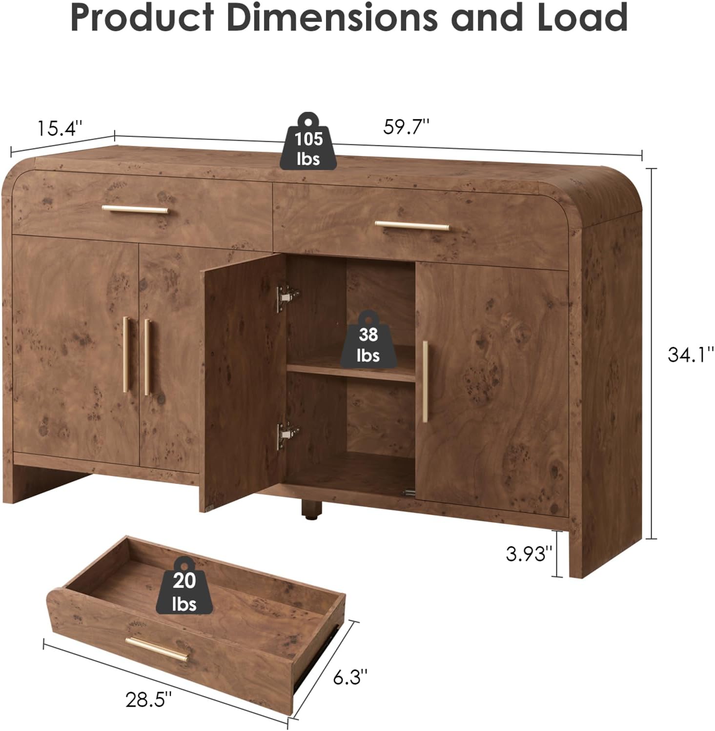 59" Sideboard Buffet Cabinet with Storage, Curved Sideboard Cabinet＆ Adjustable Shelves, FSC-Certified Wooden Board Modern Credenza Buffet Table Console Cabinets (Dark Burl)