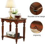 Solid Birch Wood 2-Tier End Table, Classic European Rectangle Side Table with Turned Legs & Carved Details, Accent Nightstand for Living Room Bedroom Furniture, Cherry Brown