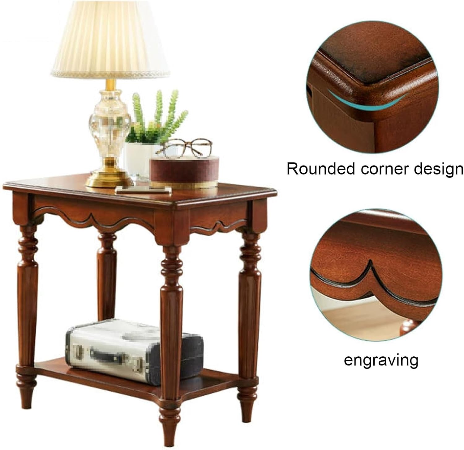Solid Birch Wood 2-Tier End Table, Classic European Rectangle Side Table with Turned Legs & Carved Details, Accent Nightstand for Living Room Bedroom Furniture, Cherry Brown