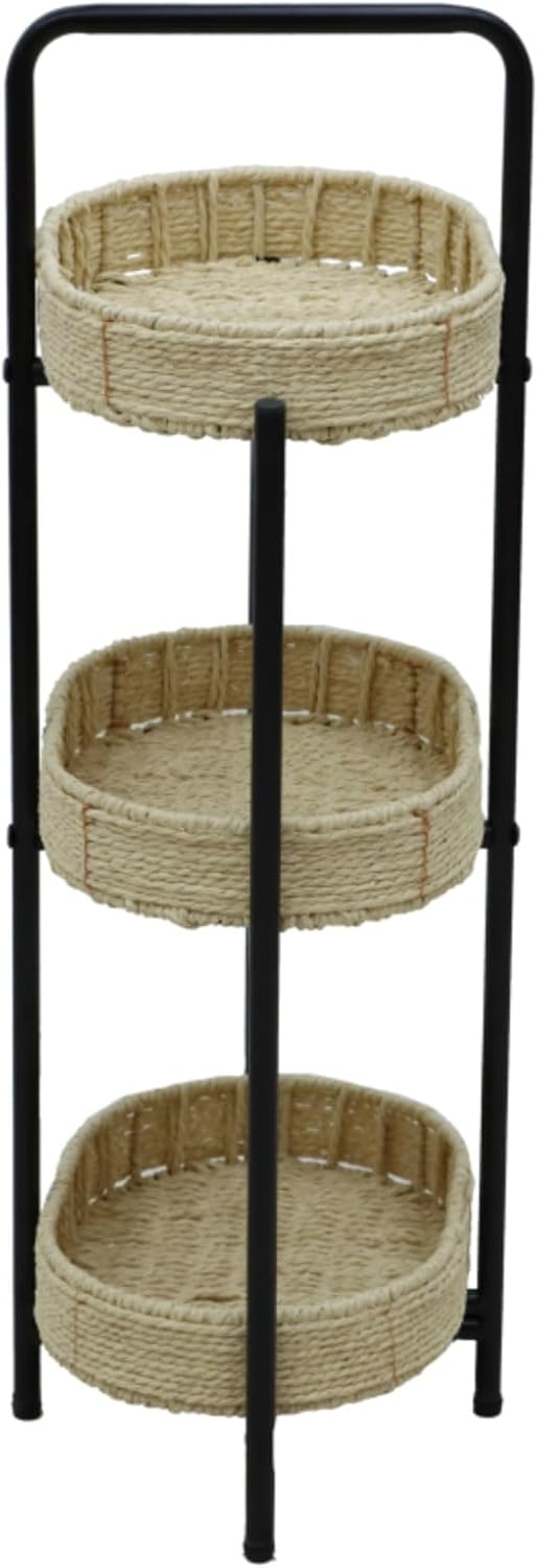 Handwoven Paper Rope Side Table, 3 Tier Oval Storage Shelf, Removable Basket Stand, Metal Frame End Accent Organizer for Kitchen Living Room Bedroom Balcony Picnic Snacks Plants Decor (Natural)