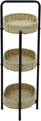 Handwoven Paper Rope Side Table, 3 Tier Oval Storage Shelf, Removable Basket Stand, Metal Frame End Accent Organizer for Kitchen Living Room Bedroom Balcony Picnic Snacks Plants Decor (Natural)