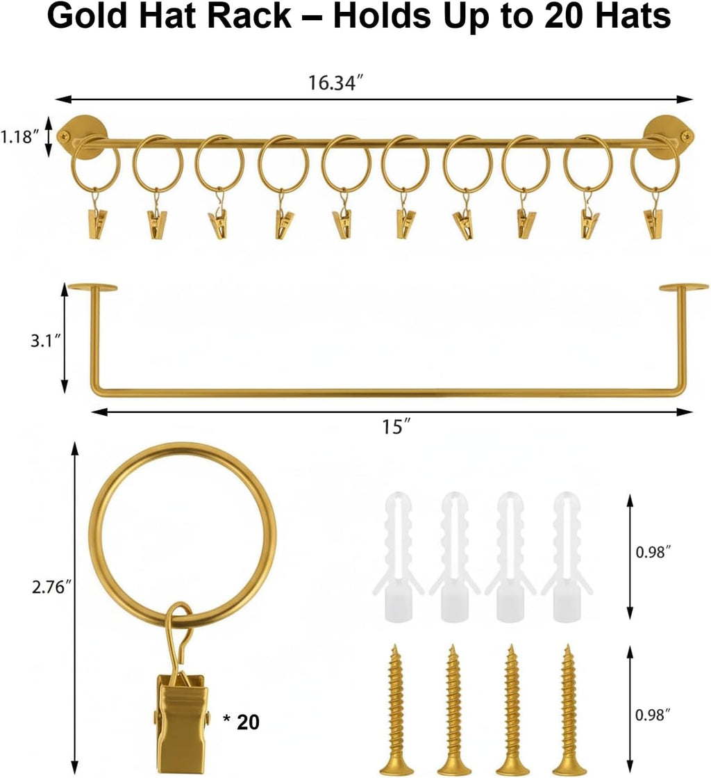 Viklluyr Hat Organizer for Baseball Caps Hat Rack with 20 Hooks - Sturdy Metal Hat Storage Wall Mounted Caps Hanger Set of 2 for Closet Door Bedroom Entryway Laundry(Gold)