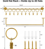 Viklluyr Hat Organizer for Baseball Caps Hat Rack with 20 Hooks - Sturdy Metal Hat Storage Wall Mounted Caps Hanger Set of 2 for Closet Door Bedroom Entryway Laundry(Gold)