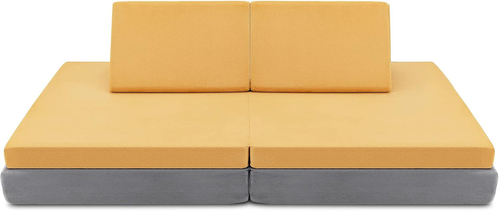 Costzon Kids Couch, 6-Piece Convertible Children's Sofa Playset or 2 Chair w/Folding Mats & 2 Pillows, Washable Cover, Toddler to Teen Bedroom Playroom Boys Girls Birthday (Yellow)