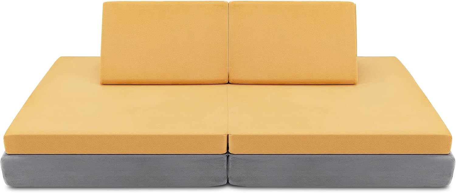 Costzon Kids Couch, 6-Piece Convertible Children's Sofa Playset or 2 Chair w/Folding Mats & 2 Pillows, Washable Cover, Toddler to Teen Bedroom Playroom Boys Girls Birthday (Yellow)