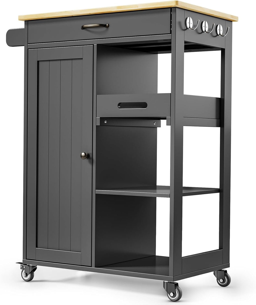 Gizoon Kitchen Island Cart with Solid Wood Top, Rolling Serving Utility Trolley Cart with Drawer, Cabinet, Towel Rack, Hooks and 3 Open Storage Shelves, Mobile Storage Cart for Dining Room, Bar, Black