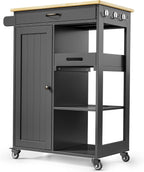Gizoon Kitchen Island Cart with Solid Wood Top, Rolling Serving Utility Trolley Cart with Drawer, Cabinet, Towel Rack, Hooks and 3 Open Storage Shelves, Mobile Storage Cart for Dining Room, Bar, Black