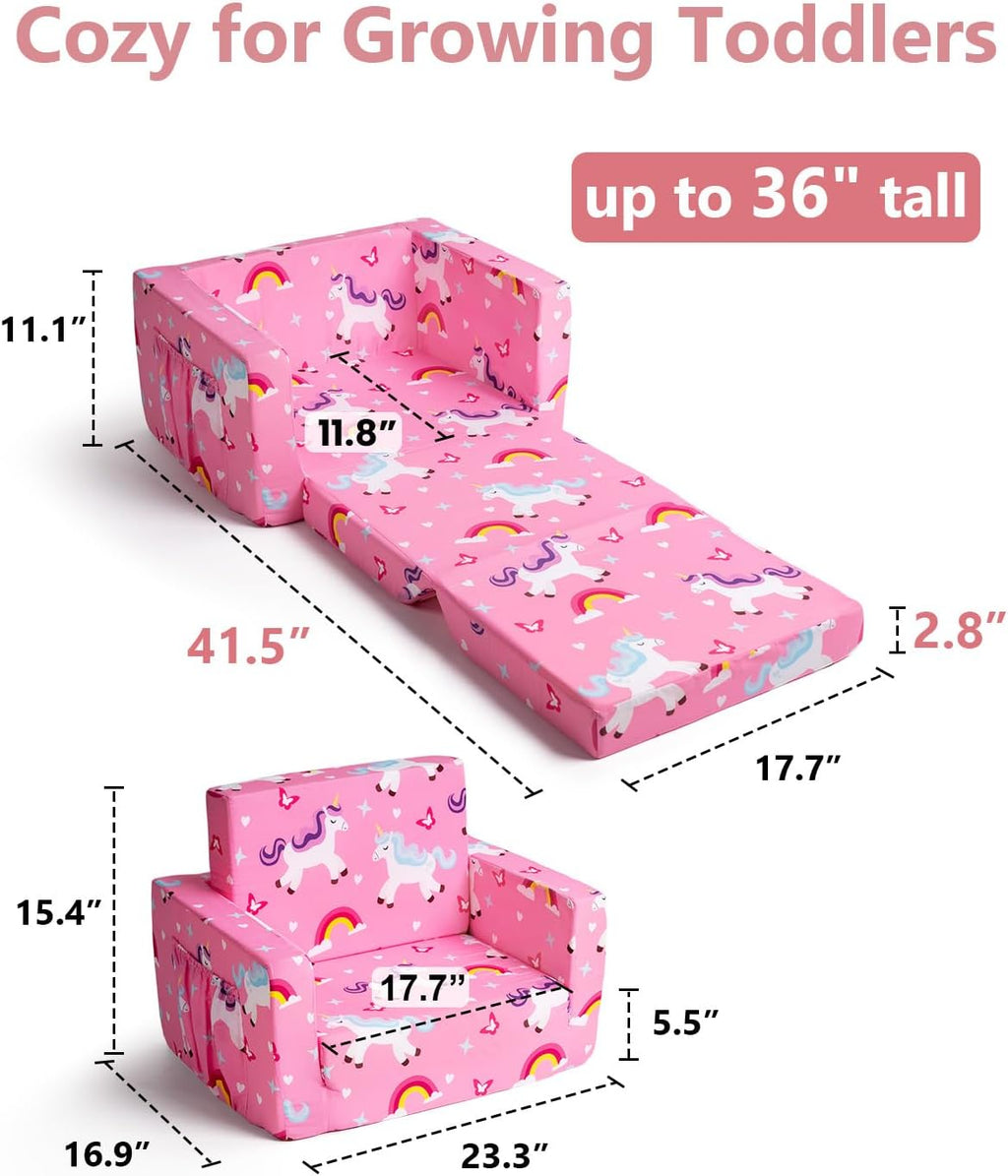 TinyPalsa Foldable Toddler Couch, 30% More Firmness, 2-in-1 Comfy Sofa & Lounger for 3+ Years Old Girls Boys, Space Saving & Easy to Clean Kids Chair for Reading, Playroom (Pink Magical Pony)
