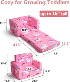 TinyPalsa Foldable Toddler Couch, 30% More Firmness, 2-in-1 Comfy Sofa & Lounger for 3+ Years Old Girls Boys, Space Saving & Easy to Clean Kids Chair for Reading, Playroom (Pink Magical Pony)