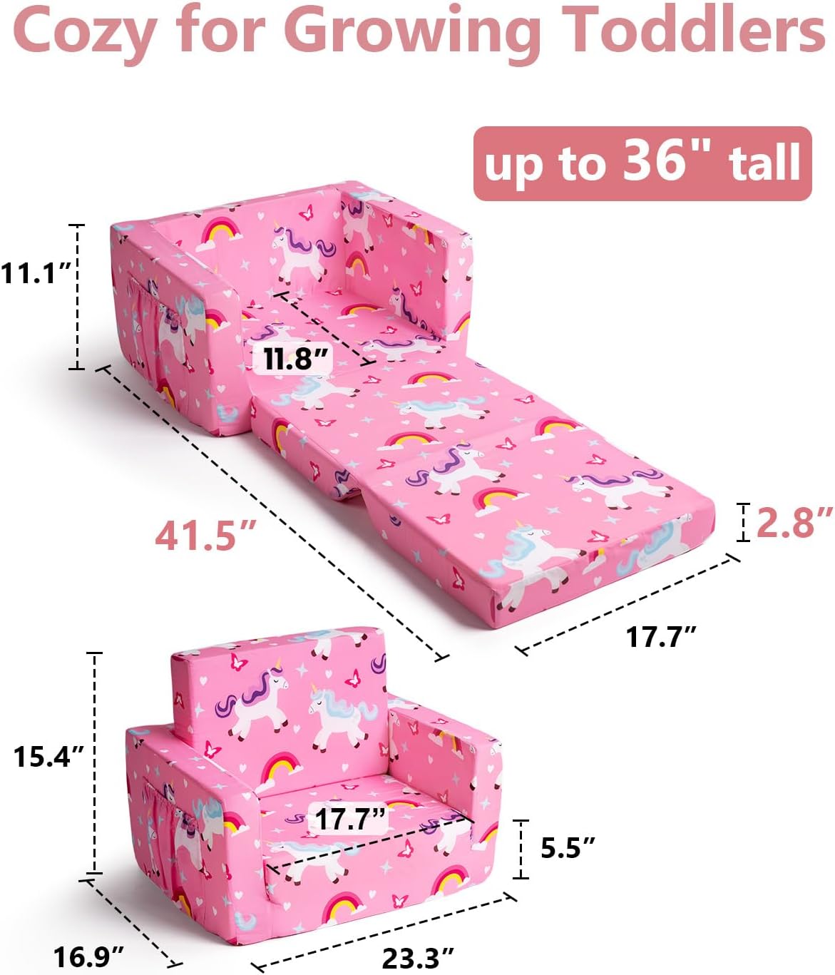 TinyPalsa Foldable Toddler Couch, 30% More Firmness, 2-in-1 Comfy Sofa & Lounger for 3+ Years Old Girls Boys, Space Saving & Easy to Clean Kids Chair for Reading, Playroom (Pink Magical Pony)