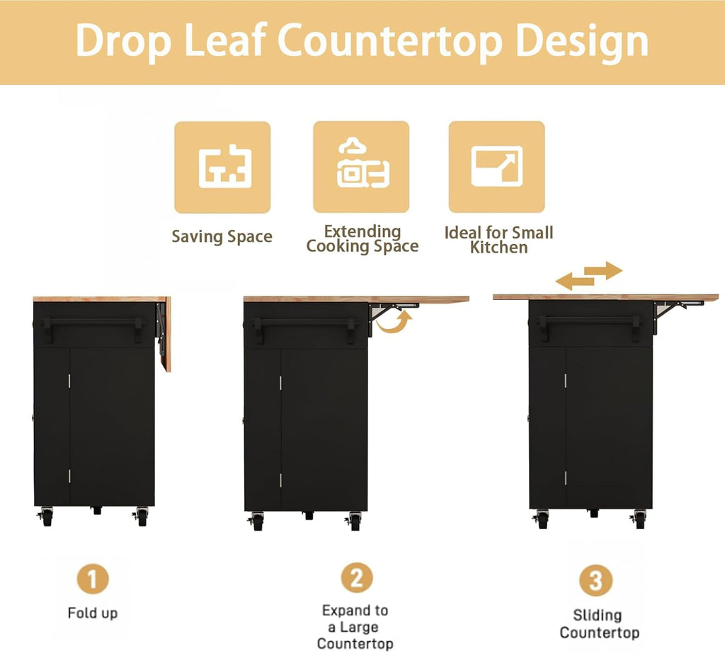 67 Kitchen Island Cart with Drop Leaf Breakfast Bar, Rolling Mobile Kitchen Island Table on Wheels with Storage Cabinet, Drawer, Spice/Towel Rack, Black