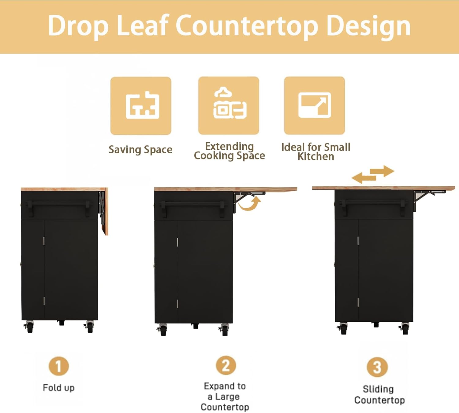 67 Kitchen Island Cart with Drop Leaf Breakfast Bar, Rolling Mobile Kitchen Island Table on Wheels with Storage Cabinet, Drawer, Spice/Towel Rack, Black