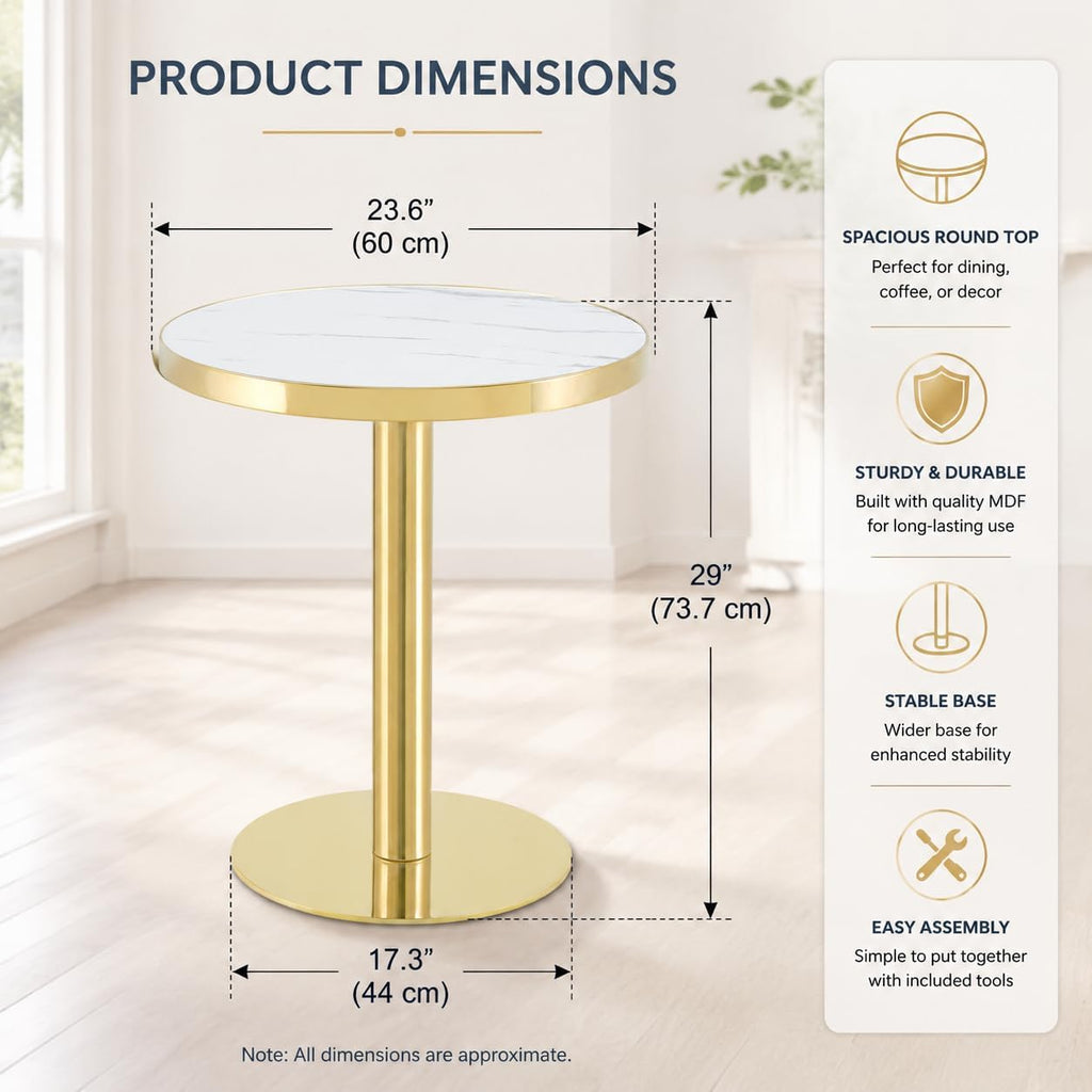 gopop 23.6" Modern Small Table for 2, Round Bar Table with Faux Marble Tabletop, Golden Edge & Base, Space Saving, Ideal for Cafe/Small Spaces/Apartment, White