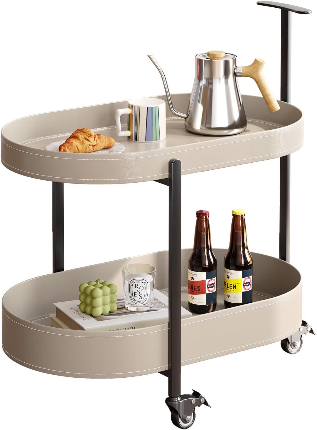 Oval Mobile Side Table with Lockable Wheels,Modern 2-Tier Storage Bedside Table,End Table for Living Room, Bedroom, Small Space,Easy Assembly