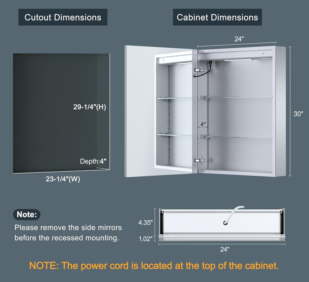 24x30 Inch Lighted Medicine Cabinet with Mirror, AL Alloy Frame, Plug-in or Hardwired, Recessed or Surface Mount, 3 Colors/Dimmable/Interior Sensor Light/Defog, 2 Outlets & USBs, 2 Shelves