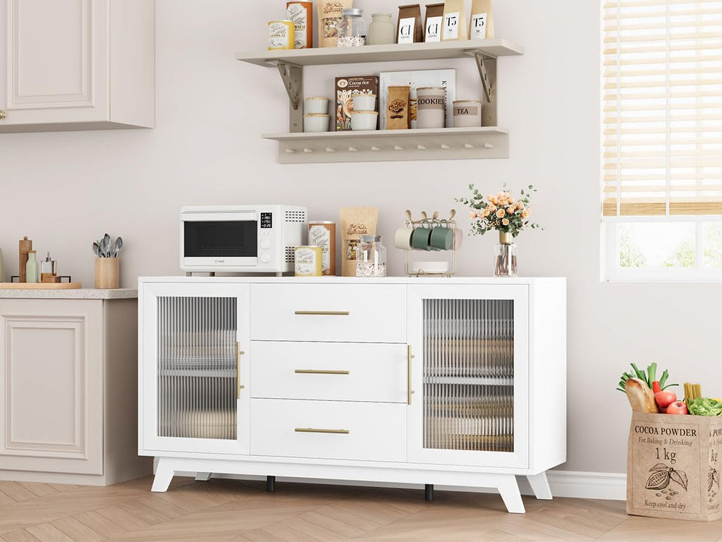 GarveeHome 56 Inch Buffet Cabinet Sideboard with Fluted Glass Doors and Gold Handles, Modern Sideboard Storage Cabinet with Adjustable Shelves, Coffee Bar Table for Kitchen Dining Room Living Room