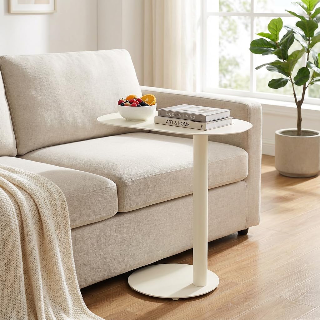 C-Shaped Side Table, Modern Metal End Table for Couch Slim Sofa Side Table Snack End Table TV Trays for Eating On Couch for Dining Room, Living Room, Cafe and Balcony (Cream White)