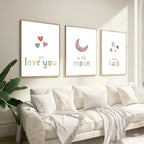 3 Pieces We Love You To The Moon And Back Poster Prints Wall Art Canvas Painting Framed Artwork for Living Room Above Crib Nursery Decoration with Inner Frame