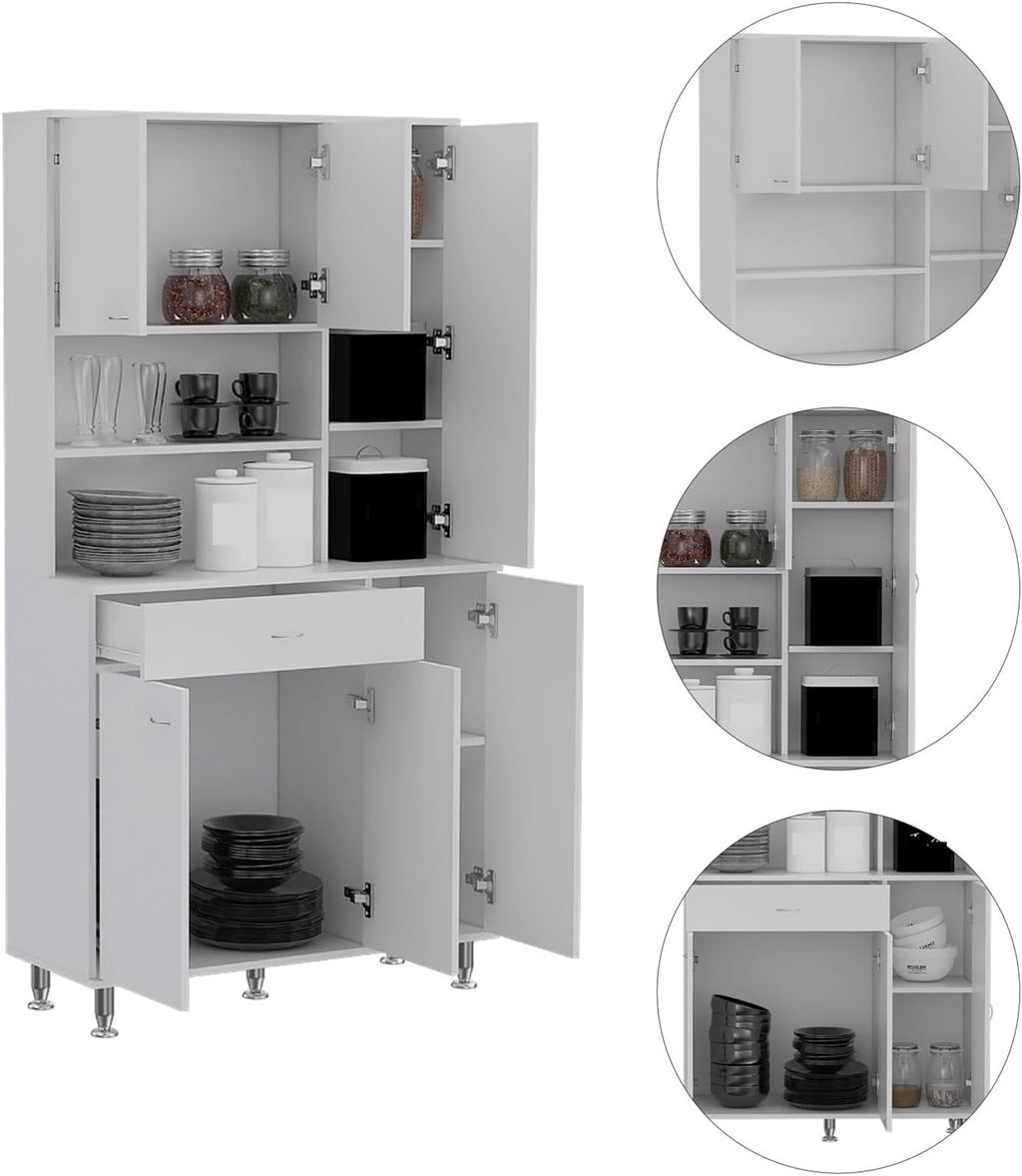 Kitchen Pantry Cabinet, Two Open Shelves, One Drawer, Multiple Cabinets, White,for Kitchen
