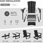 Adirondack Rocking Chair with Retractable Ottoman,Outdoor Folding Adirondack Chair with Cup Holder,HDPE All-Weather Patio Lounge Chair for Porch,Lawn, Poolside, Black