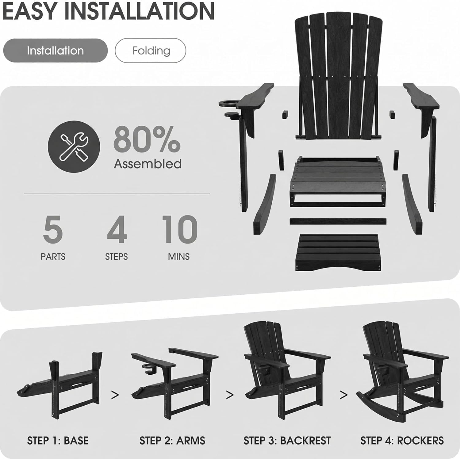 Adirondack Rocking Chair with Retractable Ottoman,Outdoor Folding Adirondack Chair with Cup Holder,HDPE All-Weather Patio Lounge Chair for Porch,Lawn, Poolside, Black