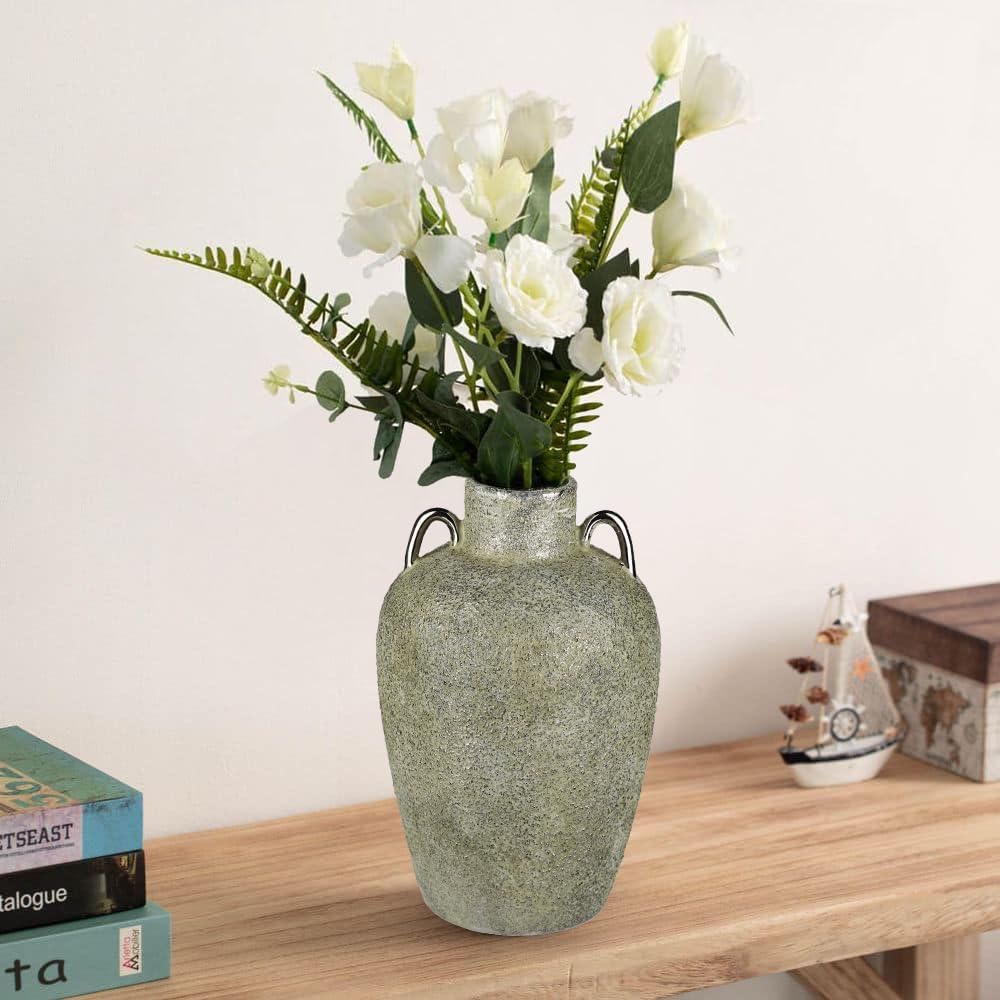Large Antique Ceramic Flower Vase, 11.2" Tall Decorative Vintage Vases with Gold Handles, Rustic Glazed Farmhouse Vase for Home Decor, Living Room, Bedroom, Entryway, Desk, Shelf & Table Centerpiece