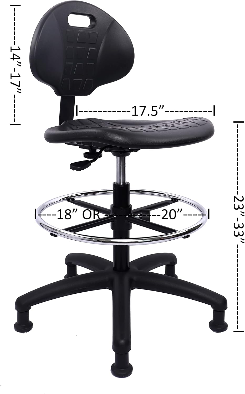 Heavy Duty Durable Drafting Stool - Easy to Clean! Ergonomic Polyurethane Chair. Seat Height Adjustable w/Footring for Home, Automotive, Lab, Cleanroom (Non-Rolling Glides, Tall Stool).