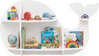 GLACER Wall Mounted Kids Bookshelf, Whale-Shaped Floating Bookshelf with 6 Open Shelves & 2 Tier Floating Wall Shelf, Wooden Nursery Bookshelf for Kid’s Room Bedroom Living Room Reading Corner
