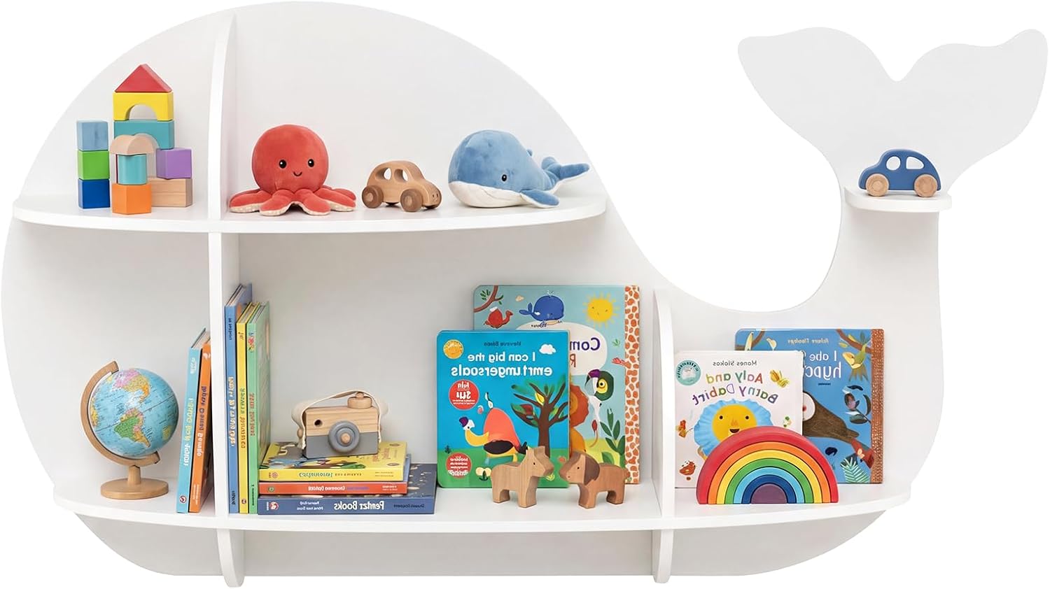 GLACER Wall Mounted Kids Bookshelf, Whale-Shaped Floating Bookshelf with 6 Open Shelves & 2 Tier Floating Wall Shelf, Wooden Nursery Bookshelf for Kid’s Room Bedroom Living Room Reading Corner