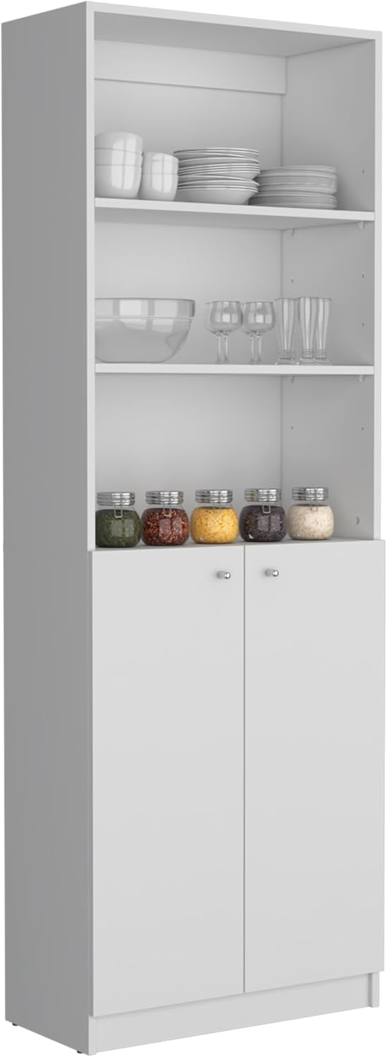 Kitchen Pantry Cabinet,Wooden Cupboard Credenza Cabinet with 3 Open Shelves & 2 Doors,Freestanding Kitchen Hutch Organizer for Dining Room,Living Room,White